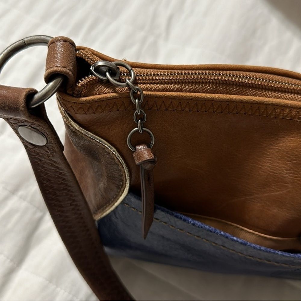 The Sak Blue Brown Gold Trim Genuine Leather Hobo Purse - Picture 13 of 16